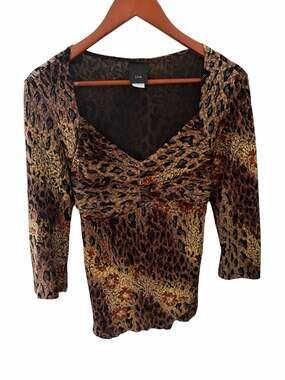 Women's Long Sleeve Ruched Leopard and Floral Print Mesh Top with Tie Back
